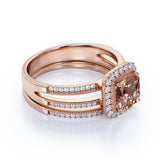 Filigree 2 Carat Cushion Morganite and Diamond Split Shank Wedding Ring Set in White Gold