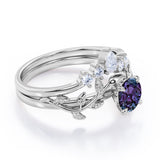 Nature Inspired 1.20 Carat Round Cut Lab Created Alexandrite And Diamond Leaf Vine Art Wedding Ring Set In White Gold For Her
