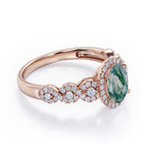 Twisted 1.45 Carat Oval Cut Green Moss Agate And Diamond Halo Engagement Ring In Black Gold