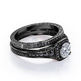 Filigree Pave Channel 1.6 TCW Round Moissanite with Lab Created Black Diamond Double Prong Cluster Wedding Set in Black Gold