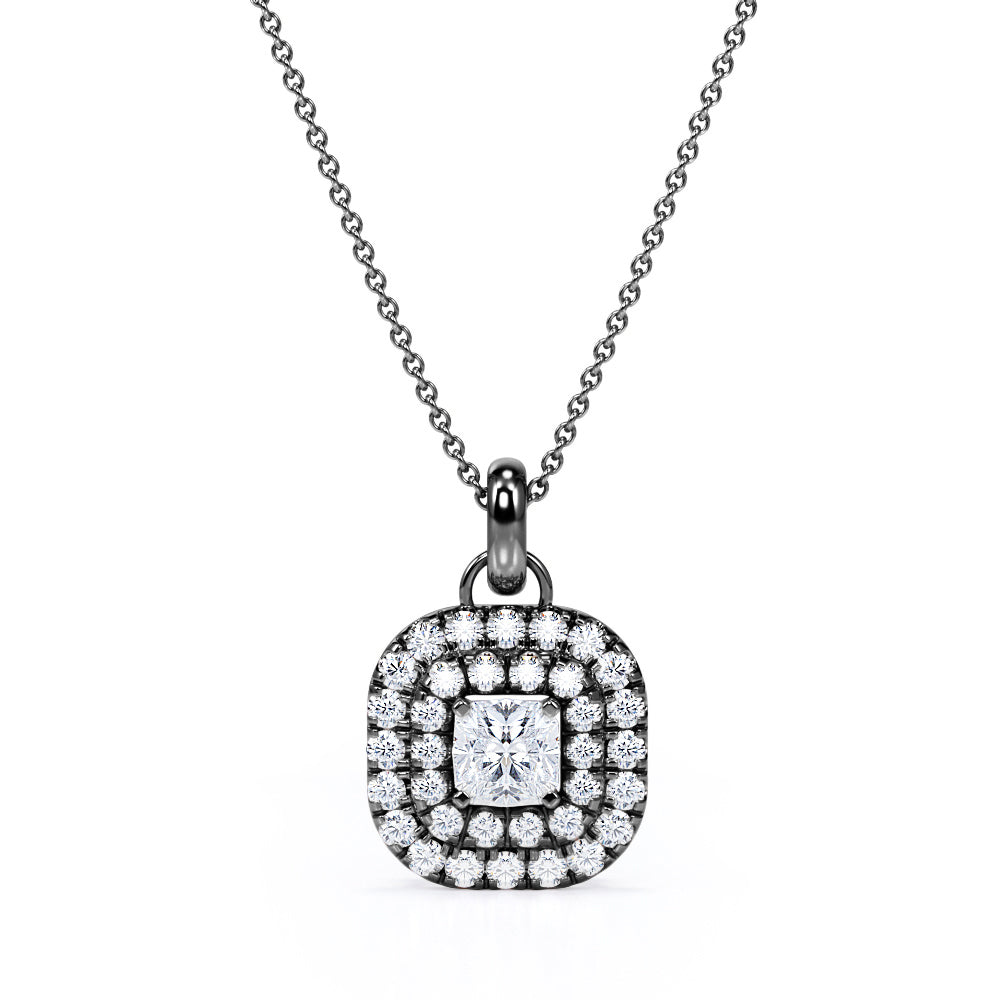 Floating Claw Set 1.50 Carat Princess Cut Certified Moissanite and Diamond Double Halo Single Bail Pendant Necklace in White Gold