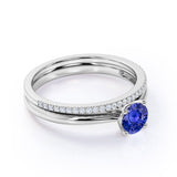 Perfect 1.25 Carat Round cut Sapphire and Diamond Bridal Ring Set in White Gold
