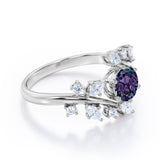 Modern Art Deco 0.85 Carat Round Cut Lab Created Alexandrite Nature Inspired Floral Engagement Ring