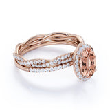 Antique 1.75 Carat oval cut Morganite and Diamond Bridal Wedding Ring Set in Rose Gold