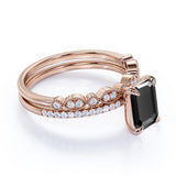 Affordable 1.50 Carat Emerald cut Lab Black Diamond Antique Wedding Ring Set in White Gold