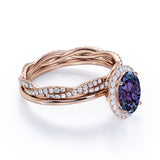 Infinity Under Halo 1.75 Carat Oval Cut Lab Alexandrite and Diamond Eternity Bridal Set Rings