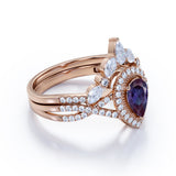 Unique Halo Crown 2 Carat Pear Shaped Lab Created Alexandrite and Diamond Pave Art Deco Wedding Ring Sets - Bridal Set Rings in Rose Gold for Her