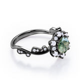 Floral Halo 0.7 carat Round Moss Green Agate and Diamond Engagement Ring in White Gold