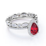 Eternity Pave Set 2 Carat Pear Cut Lab Ruby and Diamond Halo Wedding Ring Set in White Gold