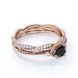 Affordable Antique Artdeco 1.60 Carat Pear Lab Black Diamond Halo Wedding Ring Set in Rose Gold