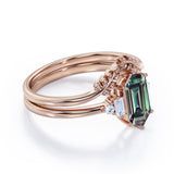 Floral Pattern 1.15 Carat Hexagon Shaped Lab Created Alexandrite And Diamond Nature Inspired Five Stone Wedding Ring Set In White Gold