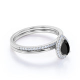 1.35 Carat Pear cut Lab Black Diamond Bridal Set with semi eternity wedding band in White Gold