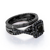 Filigree Twisted Pave 1.75 TCW Princess Cut Lab Created Black Diamond Rounded Square Double Halo Bridal Set in White Gold