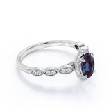 Four Claws Under Halo 1.50 Carat Oval Cut Synthetic Alexandrite and Diamond Marquise Dot Art Deco Engagement Ring