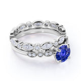 Sale: 2 Carat Round cut Blue Sapphire and Diamond Engagement Bridal Wedding Ring Set