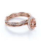 Unique 1.75 Carat Oval Cut Peach Morganite and Diamond Wedding Bridal Ring Set in 10k Rose Gold Affordable Ring
