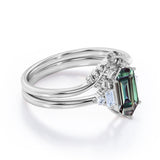 Floral Pattern 1.15 Carat Hexagon Shaped Lab Created Alexandrite And Diamond Nature Inspired Five Stone Wedding Ring Set In White Gold