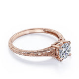 Stylish Engraved Dainty Flowers 1 carat Round Moissanite Engagement Ring in White Gold