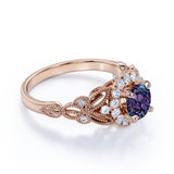 Antique Floral Milgrain 1.25 Carat Round Cut Created Alexandrite and Diamond Cluster Engagement Ring - Gifts for Her