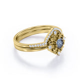 Modern Leaf Outline 5 Stone 0.85 Carat Round Cut Fancy Dark Grey Salt and Pepper Diamond and Contour Pave Band Bridal Set Rings