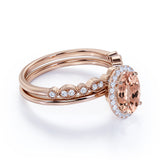 Art Deco Style 1.50 Carat Oval Cut Peach Morganite and Diamond Halo Wedding Set in Rose Gold