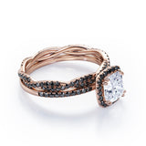 Eternity Crossover - 1.75 TCW Cushion Cut Moissanite with Lab Created Black Diamond - Halo Pave Setting Wedding Set in White Gold