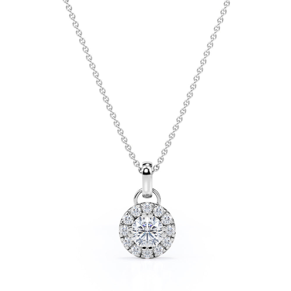 Six Prong Bezel Set 1.10 Carat Round Certified Moissanite and Diamond Halo Pave Pendant Necklace with Chain in Rose Gold