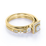 3 Stone Cathedral Modern Art Deco 1 ct TDW Princess Cut Diamond Milgrain Bridal Set - Wedding Set - 10K White Gold