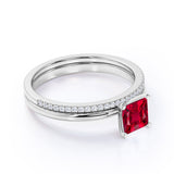 1.25 Carat Natural Princess Cut Ruby Wedding Ring Set - Engagement Ring Set - 18k White Gold over Silver