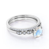 Vintage 1.25 ct Round Rainbow Moonstone Wedding Set