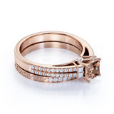 Limited Time Sale: 2 Carat Princess cut Morganite and Diamond Halo Art Deco Wedding Ring Set in Yellow Gold