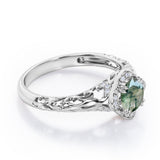 Modern Art Deco 1.10 Carat Round Cut Green Moss Agate And Diamond Cushion Framed Halo Engagement Ring In White Gold