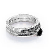 Milgrain-Edged 1.5 TCW Round-Shaped Lab Created Black Diamond Art Deco Victorian Design Wedding Set in White Gold