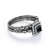 1.65 Carat Princess Cut Lab Grown Black Diamond Vintage Art Deco Bridal Set In White Gold