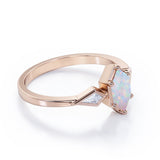 Elongated 1.10 Carat Hexagon Shaped Genuine Opal And Diamond Three Stone Trilogy Engagement Ring In Black Gold