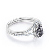 1.40 ct Pear Black Rutilated Quartz V Style Pave Bridal Set