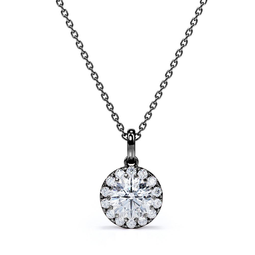 Decorative Crown 1.10 carat Round Moissanite and Diamond Pendant Necklace in 18k White Gold Over Silver