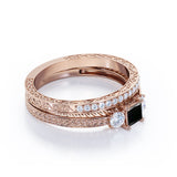 1.25 carat princess cut Black Diamond three stone filigree wedding ring set in white gold