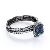 2 Ct Cushion Cut Lab Alexandrite Halo Bridal Set