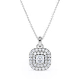 Floating Claw Set 1.50 Carat Princess Cut Certified Moissanite and Diamond Double Halo Single Bail Pendant Necklace in White Gold