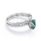 Timeless 4 Prong Solitaire 1.50 Carat Oval Cut Opaque White Mossy Green Agate and Diamond Art Deco Band Wedding Ring Sets