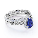 Stylish Art Deco Pave Set 2.25 Carat Pear Cut Sapphire and Diamond Halo Wedding Set with Eternity Band in White Gold