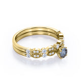 Classic 0.60 Carat Round Cut Natural Salt And Pepper Diamond Art Deco Wedding Ring Set In White Gold.