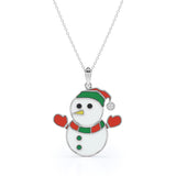 Christmas Snowman Diamond Enamel Pendant Necklace in 18K White Gold Plating over Silver