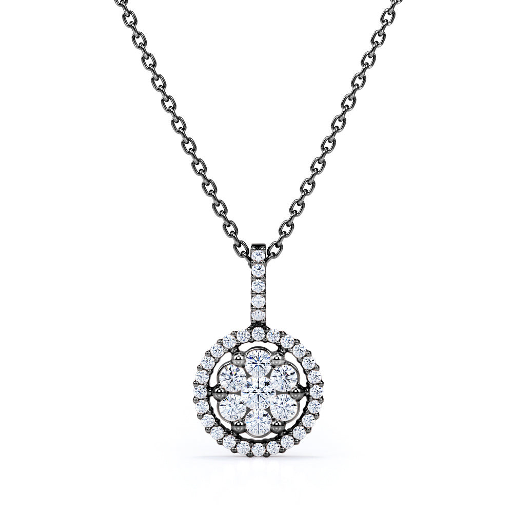 Floral 0.30 Carat Round Cut Moissanite Pave Set Halo Pendant Necklace In White Gold