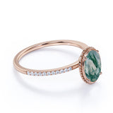 Classic Bezel Set 1.25 Carat Oval Cut Milky Finely Veined Moss Green Agate and Diamond Pave Engagement Ring in White Gold for Women