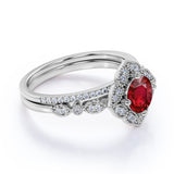 Floral Cluster 2 Carat Cushion Cut Lab Ruby and Diamond Halo Wedding Ring Set in White Gold