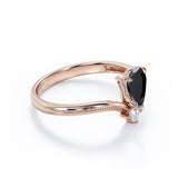 1 carat tear drop cut Black Diamond V shaped style engagement ring in white gold