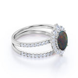 1.75 Ct Oval Cut Lab Created Black Opal Halo Wedding Ring Set