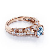 Beaded Four Prongs 1.40 Carat Round Cut Aquamarine And Diamond Vintage Art Deco Engagement Ring In Rose Gold